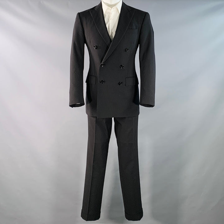RALPH LAUREN Size 38 Regular Black Pinstripe Wool Double Breasted Peak Lapel Suit