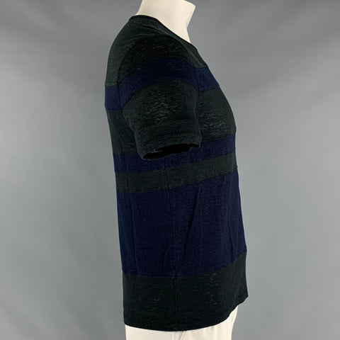 JOHN VARVATOS Taille L T-shirt à manches courtes en lin à rayures marine noires