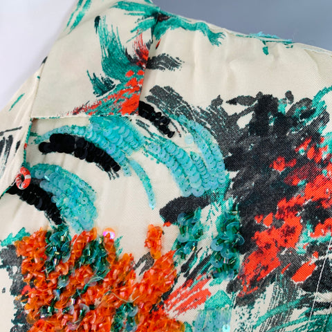 DRIES VAN NOTEN Size XS Cream Green Red Sequined Floral Viscose Camp Short Sleeve Shirt