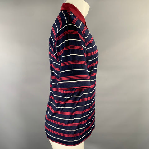 LANVIN Size M Navy Burgundy White Horizontal Stripe Cotton Polo
