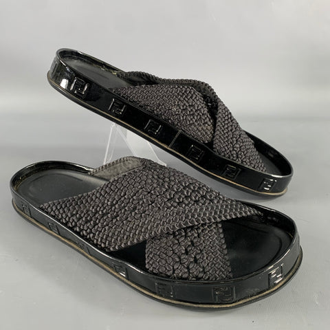 FENDI Size 8 Black Monogram Nylon Slide Sandals