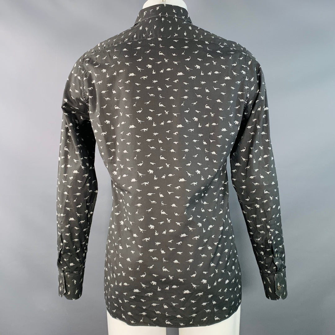 LANVIN Size M Grey Slate Dinosaurs Cotton Spread Collar Long Sleeve Shirt