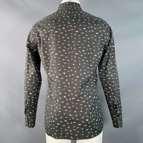 LANVIN Size M Grey Slate Dinosaurs Cotton Spread Collar Long Sleeve Shirt