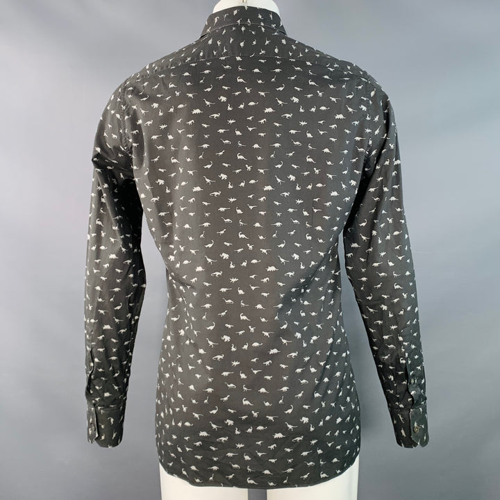 LANVIN Size M Grey Slate Dinosaurs Cotton Spread Collar Long Sleeve Shirt