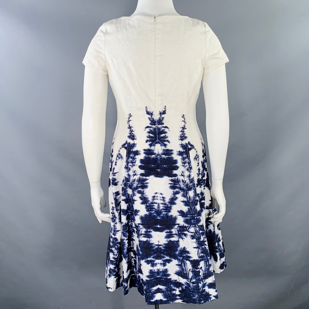 CAROLINA HERRERA Size 12 White Indigo Cotton Blend Abstract Floral Dress