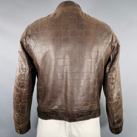 EMPORIO ARMANI Size 42 Brown Checkered Leather Zip Up Jacket