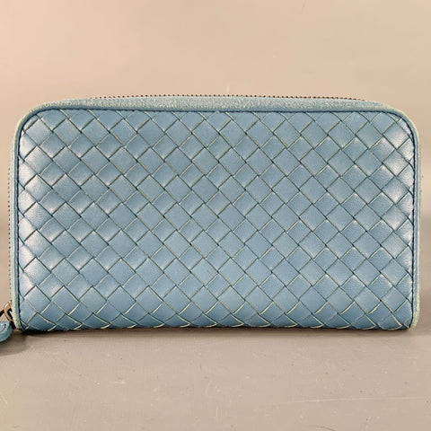 BOTTEGA VENETA Blue Woven Intrecchiato Leather Zipper Checkbook Wallet