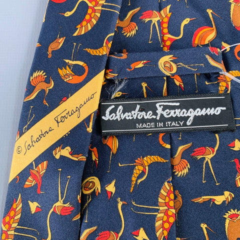 SALVATORE FERRAGAMO Navy Beige Red Birds Silk Tie