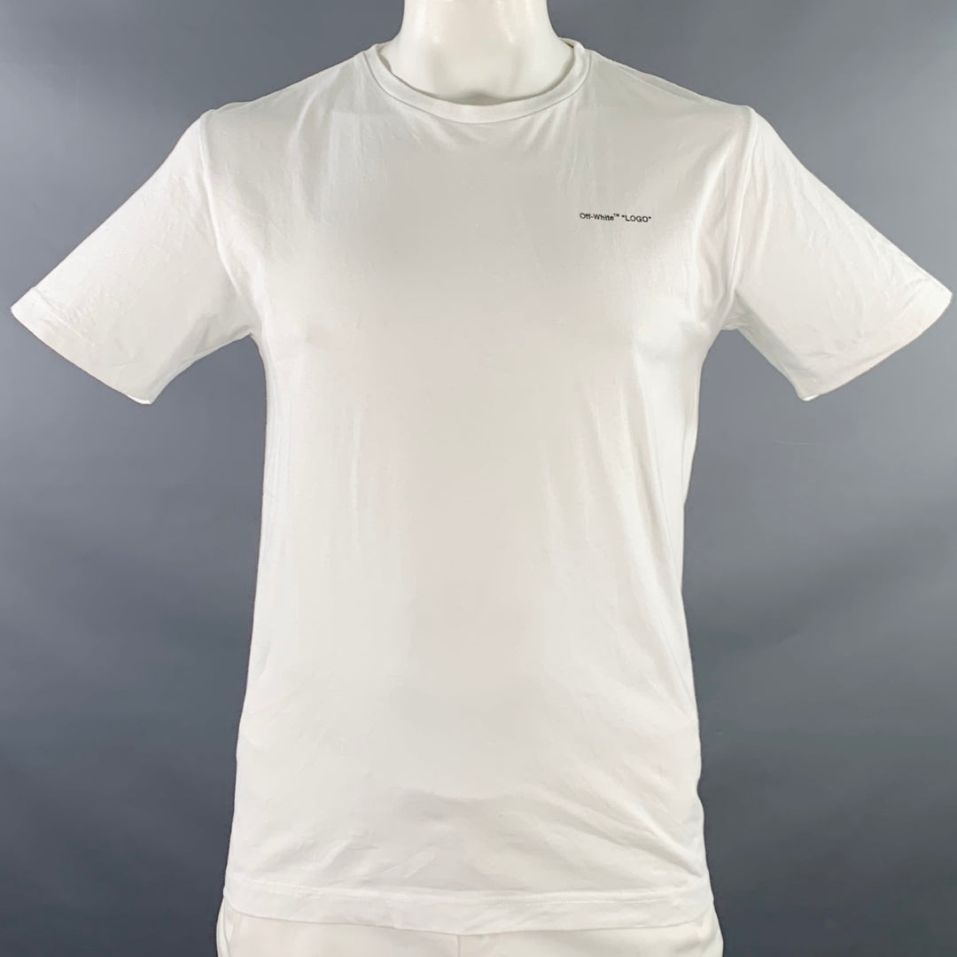 OFF-WHITE Size L White Black Logo Cotton Crew Neck T-shirt