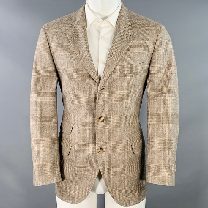 BRUNELLO CUCINELLI Size 38 Grey Taupe Plaid Wool Cashmere Notch Lapel Sport Coat
