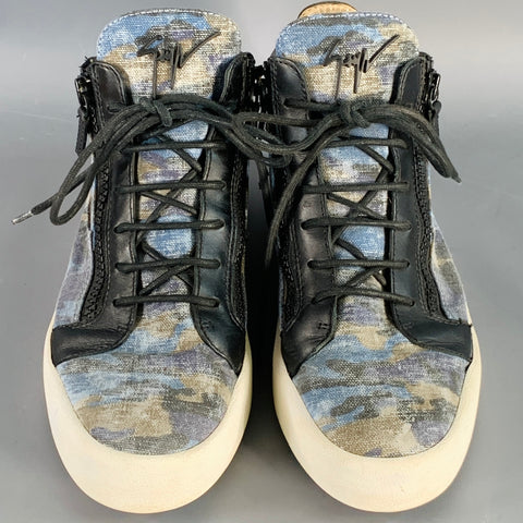 GIUSEPPE ZANOTTI Size 10 Black Blue Camo Canvas High Top Sneakers
