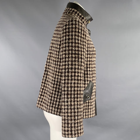 GIORGIO ARMANI Size 6 Brown Cream Alpaca Plaid Leather Trim Jacket