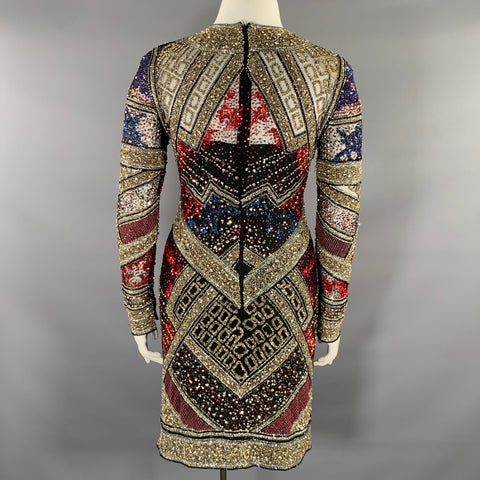 NAEEM KHAN Size 8 Silver Red & Blue Nylon Sequined Midi Cocktail Dress