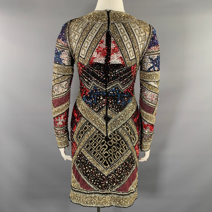 NAEEM KHAN Size 8 Silver Red & Blue Nylon Sequined Midi Cocktail Dress