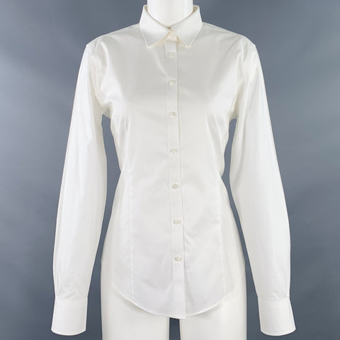 BROOKS BROTHERS Size 8 White Cotton Blend Fitted Button Up Shirt