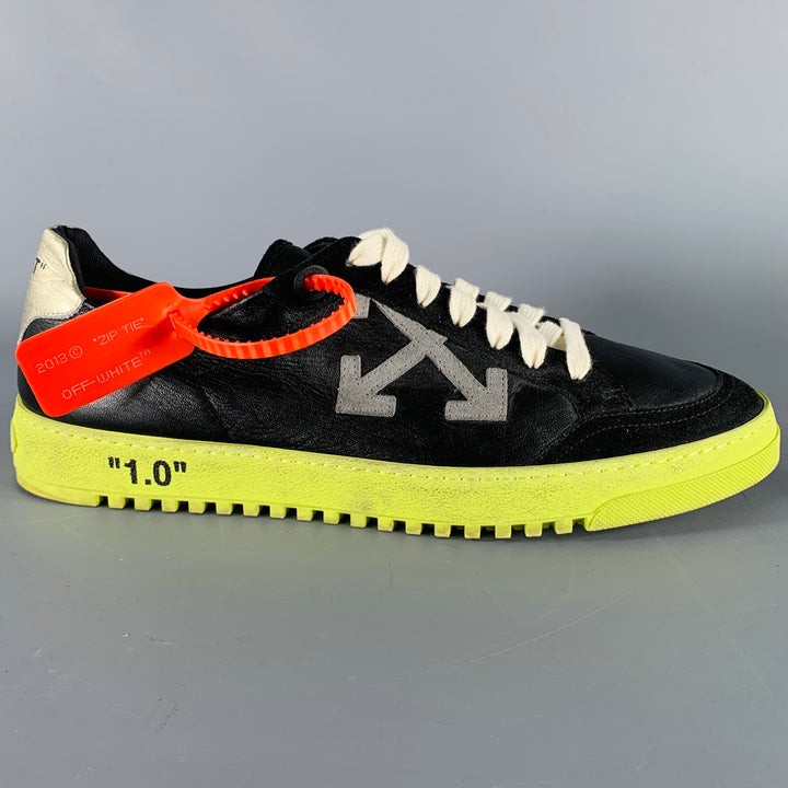 OFF-WHITE Size 10 Black Green Leather Zip Tie Lace-Up Sneakers