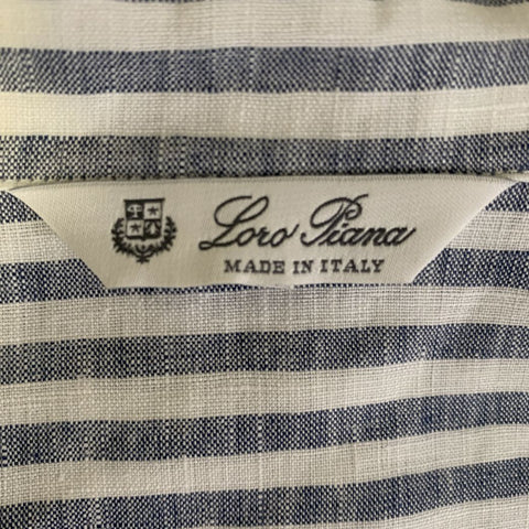 LORO PIANA Size 12 White Blue Flax Stripe Shirt