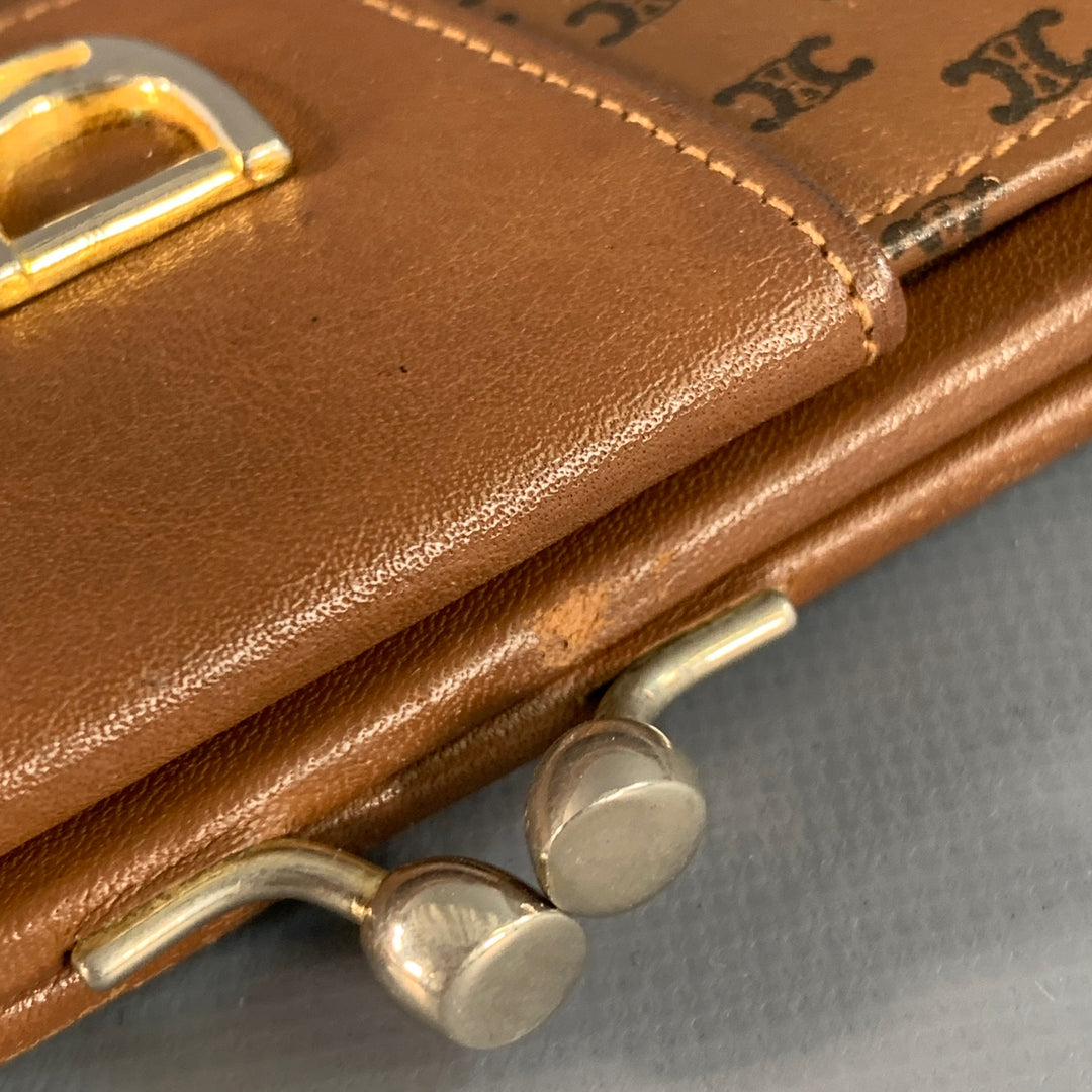 CELINE Vintage Brown Tan Logo Leather Kiss Lock Coin Purse Wallet