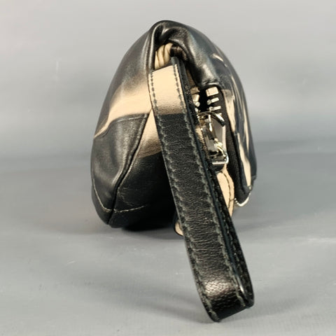 DONNA KARAN Black Grey Marbled Leather Wristlet Clutch Handbag