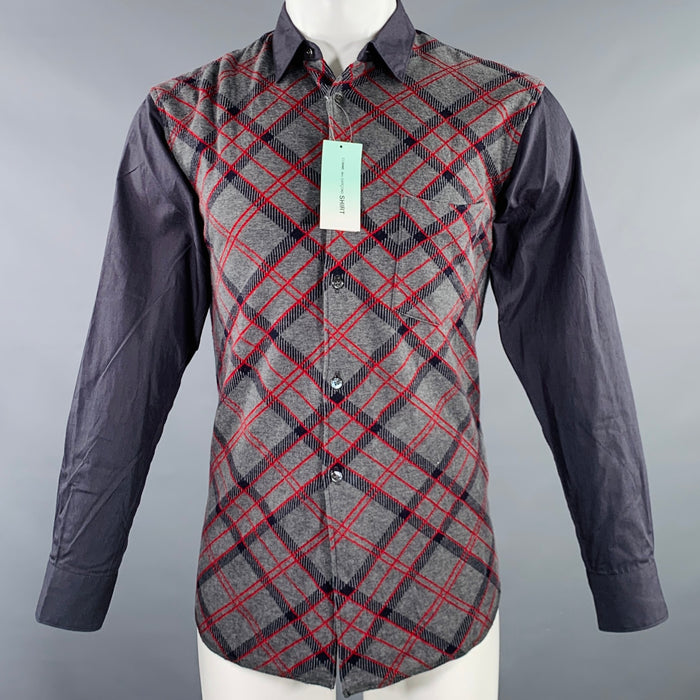 COMME des GARCONS SHIRT Size S Grey Red Plaid Cotton Wool Long Sleeve Shirt