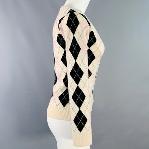 PRINGLE Taille S Crème Rose Noir Cachemire Cardigan Col V motif Argyle