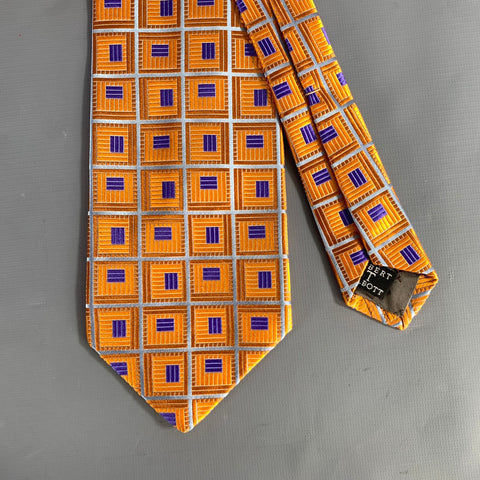 ROBERT TALBOTT Orange Blue & Silver Geometric Silk Tie