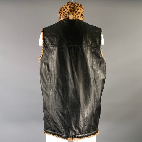 VINTAGE Size M Tan Brown & Black Animal Print Leather Reversible Vest