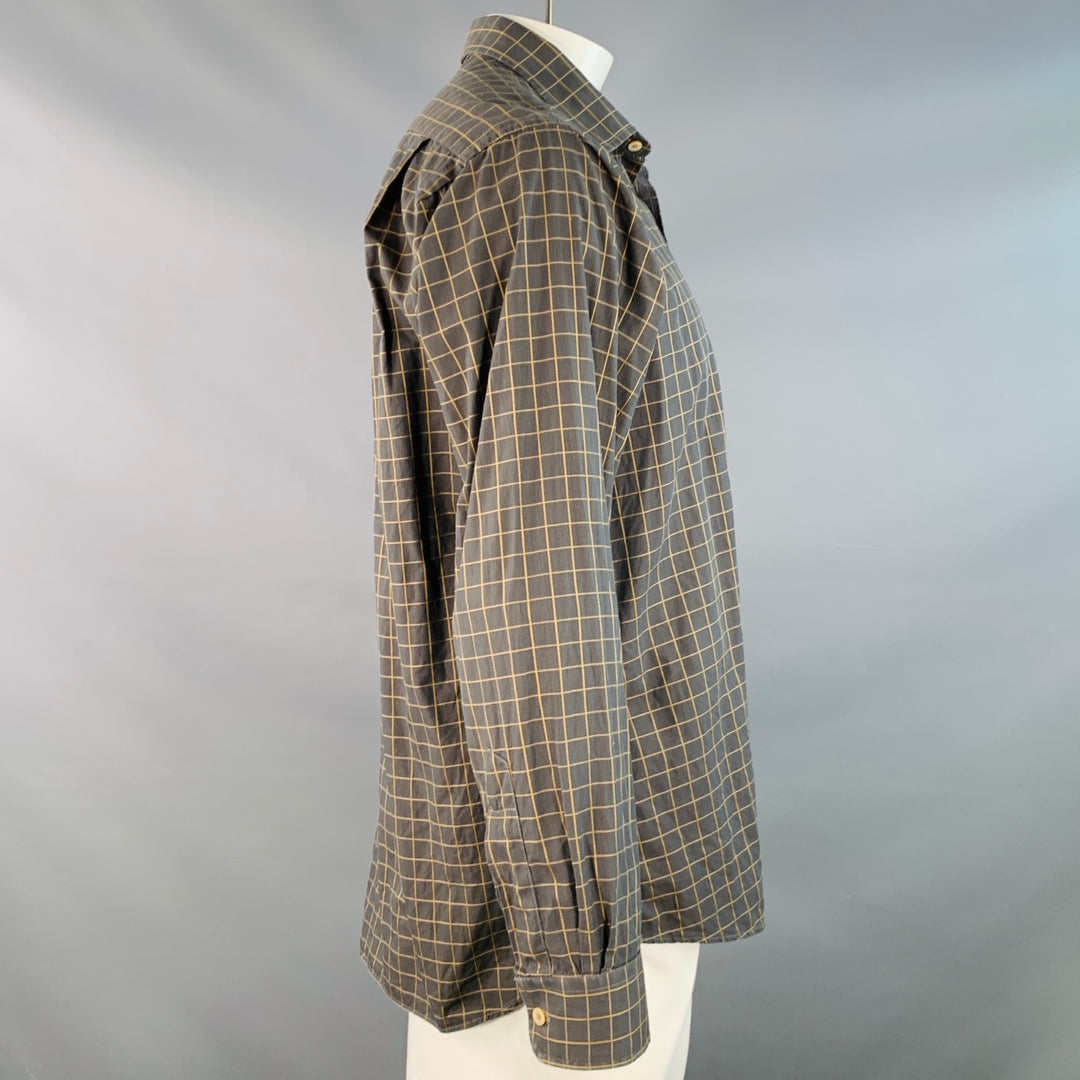 BURBERRY LONDON Size L Grey Mustard Window Pane Cotton Long Sleeve Shirt