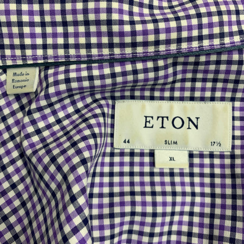 ETON Size 44 Purple Black White Checkered Cotton Slim Fit Long Sleeve Shirt
