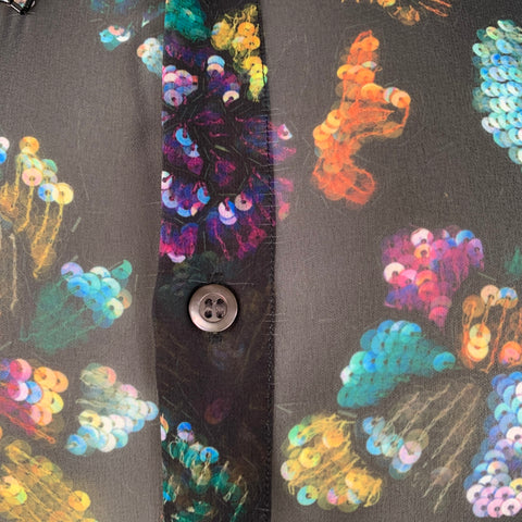 DRIES VAN NOTEN Size XS Black Multi Color Floral Sequined Long Sleeve Shirt