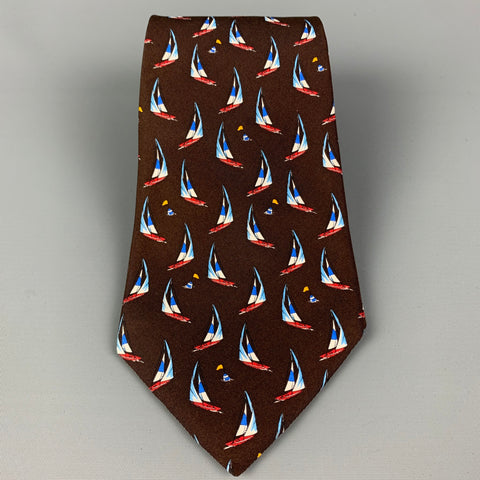 ETRO Brown Print Sailboat Print Silk Tie