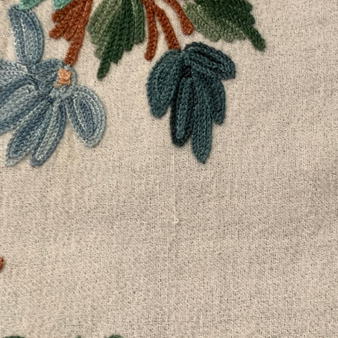 VINTAGE White Blue Green Embroidered Floral Fringe Scarf Shawl