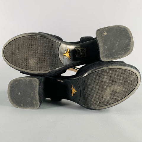 PRADA Size 7 Black Suede Chunky Heel Sandals