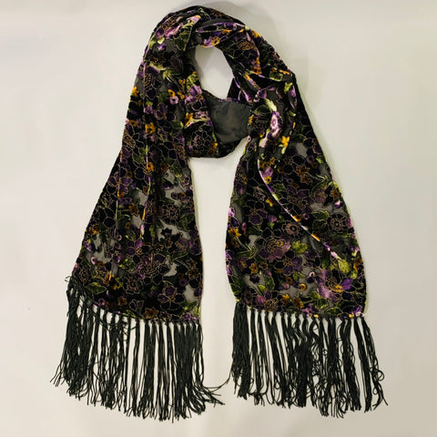 Écharpe Frangée en Velours Brûlé Fleuri Noir Violet VINTAGE