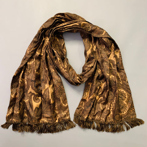 BURBERRY Tan Brown Paisley Silk Fringe Scarf