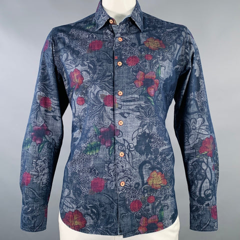 ROBERT GRAHAM Size L Navy Multi Color Floral Spread Collar Long Sleeve Shirt