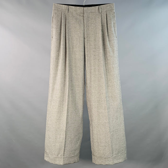 WALTER VAN BEIRENDONCK Size 32 Black White Houndstooth Pleated Cuffed Dress Pants