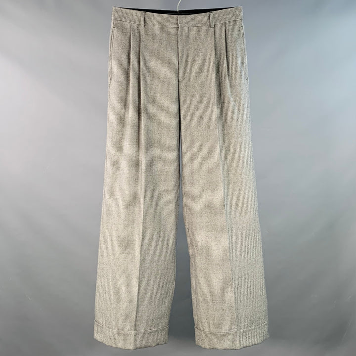WALTER VAN BEIRENDONCK Size 32 Black White Houndstooth Pleated Cuffed Dress Pants