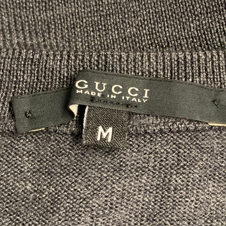 GUCCI Size M Charcoal Grey Red Green Contrast Trim Wool V-Neck Pullover