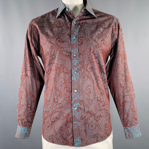 ROBERT GRAHAM Size L Brown Blue Paisley Cotton Embroidered Long Sleeve Shirt