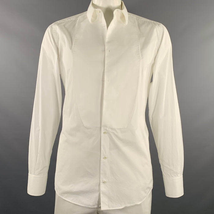 DOLCE & GABBANA Size L White Cotton Tuxedo Long Sleeve Shirt