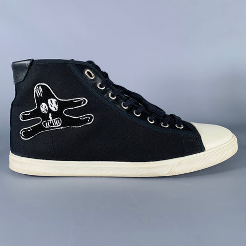 CELINE Size 10 Black White Applique Canvas High Top Sneakers