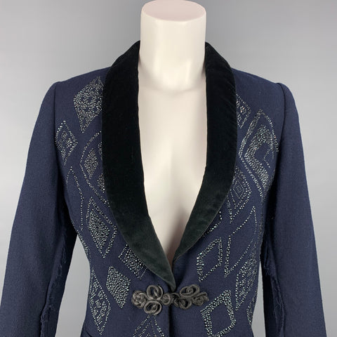 VINTAGE Size S Navy & Black Crepe Rhinestones Tuxedo Jacket