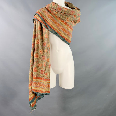 ANOKHI Green Multi Color Floral Cotton Beaded Scarf Shawl