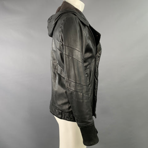 DIESEL BLACK GOLD Vintage Size M Black Leather Zip Up Hooded Jacket