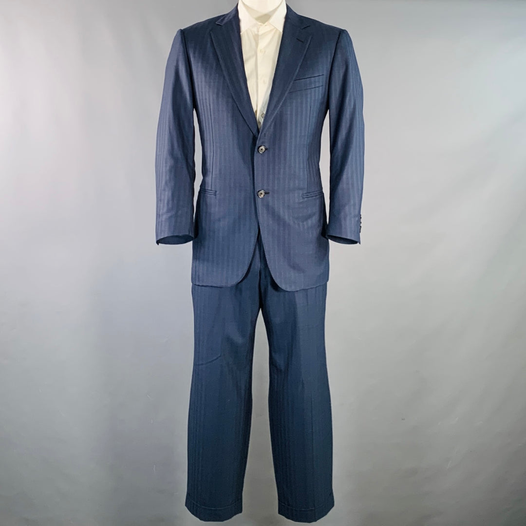 ERMENEGILDO ZEGNA Size 42 Regular Navy Blue Stripe Wool Notch Lapel Suit