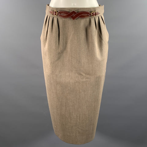 HERMES Size 10 Tan Wool Twill Pencil Knee-Length Skirt