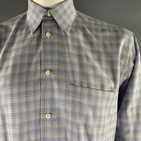 BRIONI Size M Blue Tan Plaid Cotton Long Sleeve Shirt