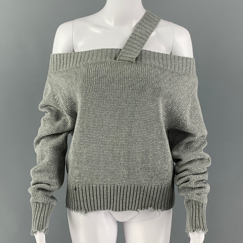 R t A Taille S Pull à épaules dénudées clouté en coton gris argenté