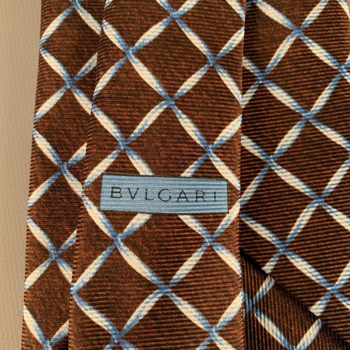 BVLGARI Brown Blue Window Pane Silk Tie